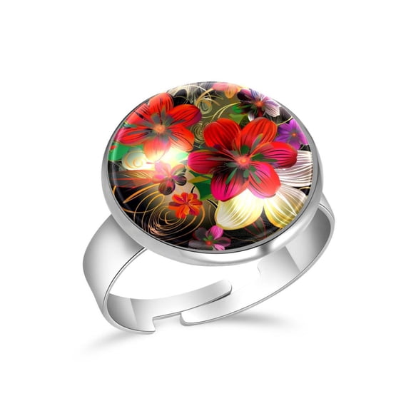 PhooArto Abstract Floral Red Flowers Stainless Steel Rings for Women, Open Adjustable Ring Promise Ring Jewelry Gifts