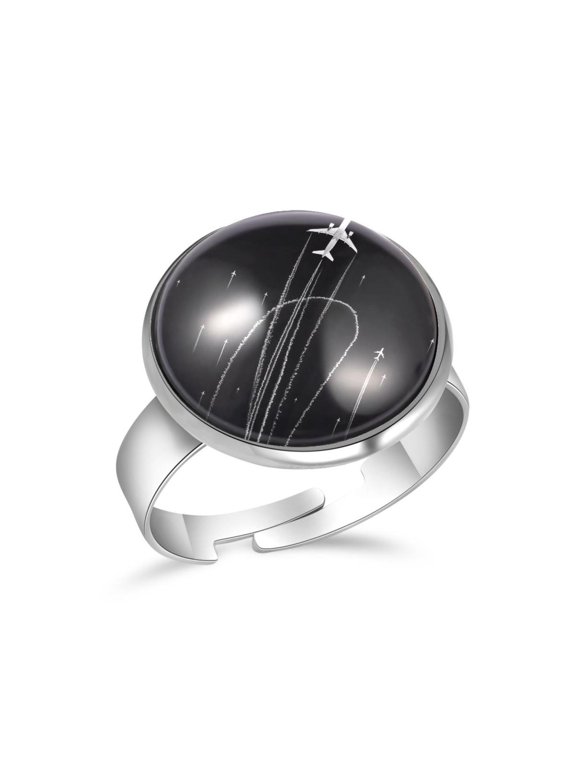 Airplane Dashed Path Lines Stainless Steel Rings for Women, Open Adjustable Ring Promise Ring Jewelry Gifts