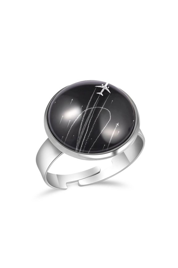 Airplane Dashed Path Lines Stainless Steel Rings for Women, Open Adjustable Ring Promise Ring Jewelry Gifts