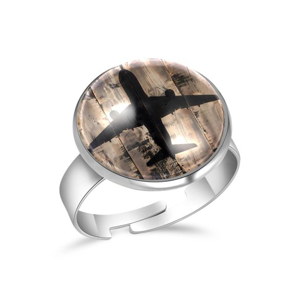PhooArto Airplane Silhouettes on Wooden Boards Stainless Steel Rings for Women, Open Adjustable Ring Promise Ring Jewelry Gifts