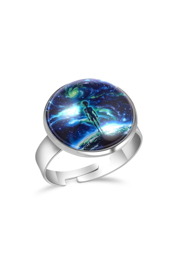 Alien Stands Earth Stainless Steel Rings for Women, Open Adjustable Ring Promise Ring Jewelry Gifts
