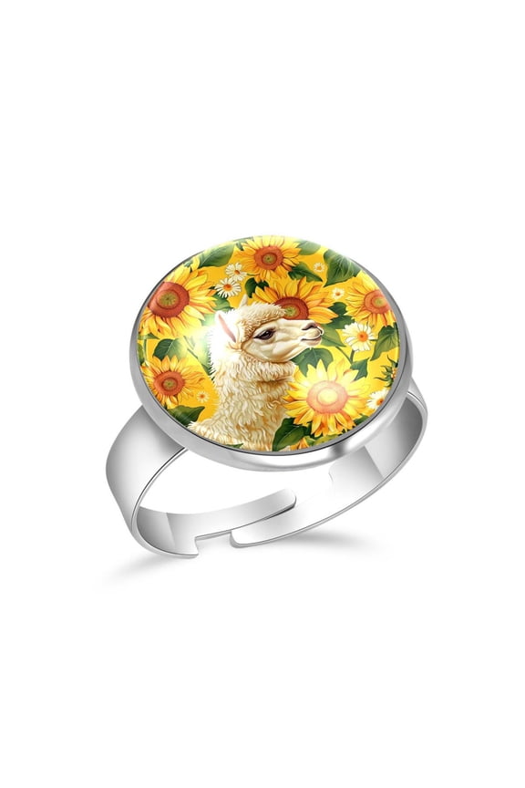 Alpaca Sunflower Patterns Stainless Steel Rings for Women, Open Adjustable Ring Promise Ring Jewelry Gifts