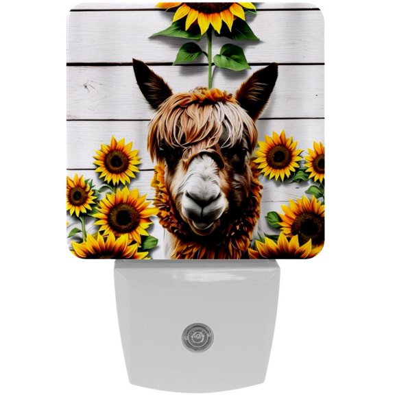 PhooArto Alpaca Wooden Board Sunflower Plug in LED Night Light Auto Sensor Dusk to Dawn Decorative Night for Bedroom, Bathroom, Kitchen, Hallway, Stairs, Baby's Room, Energy Saving