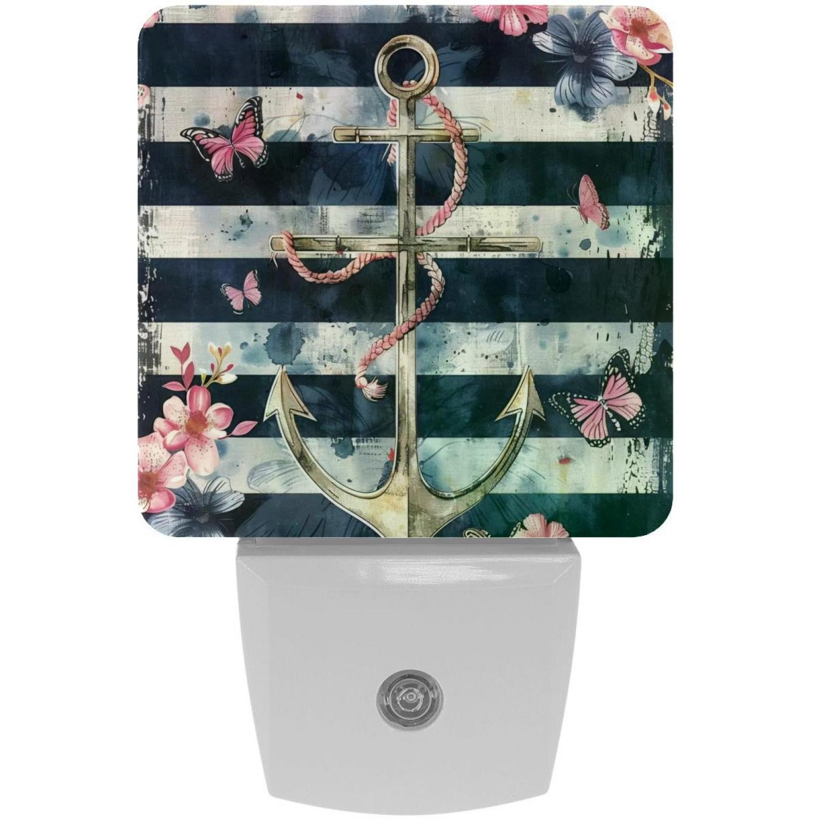 PhooArto Anchor Butterflies Stripe Plug in LED Night Light Auto Sensor Dusk to Dawn Decorative Night for Bedroom, Bathroom, Kitchen, Hallway, Stairs, Baby's Room, Energy Saving