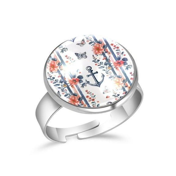 PhooArto Anchor Floral Butterfly Stripe Pattern Stainless Steel Rings for Women, Open Adjustable Ring Promise Ring Jewelry Gifts