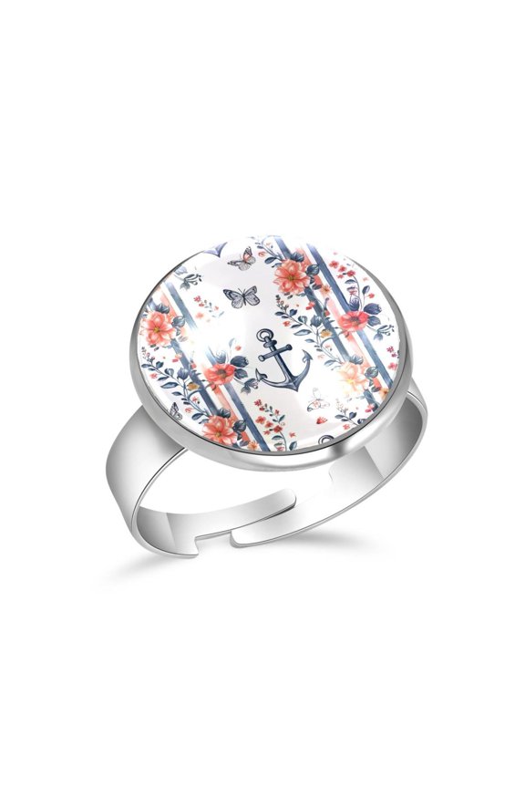 Anchor Floral Butterfly Stripe Pattern Stainless Steel Rings for Women, Open Adjustable Ring Promise Ring Jewelry Gifts