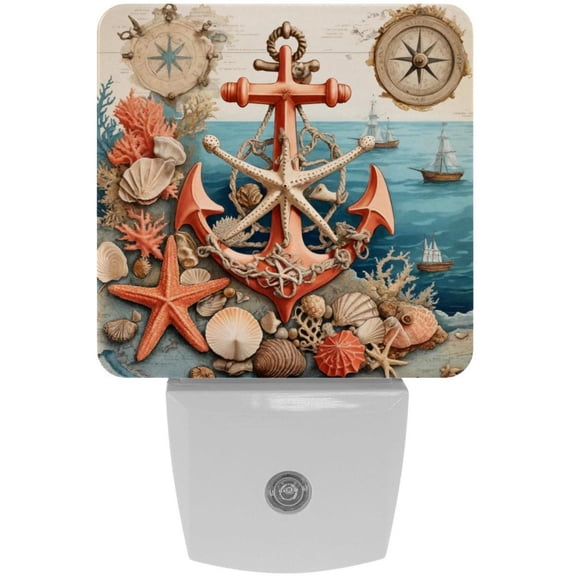 PhooArto Anchor Starfish Vintage Map Plug in LED Night Light Auto Sensor Dusk to Dawn Decorative Night for Bedroom, Bathroom, Kitchen, Hallway, Stairs, Baby's Room, Energy Saving