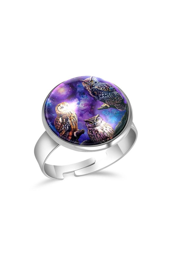 Animal Owls on Galaxy Stainless Steel Rings for Women, Open Adjustable Ring Promise Ring Jewelry Gifts