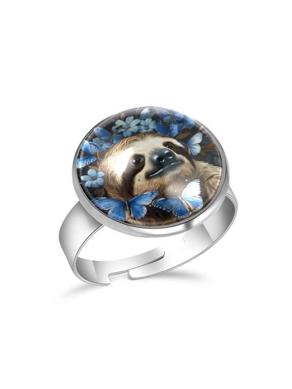 Animal Sloth Blue Butterflies Stainless Steel Rings for Women, Open Adjustable Ring Promise Ring Jewelry Gifts