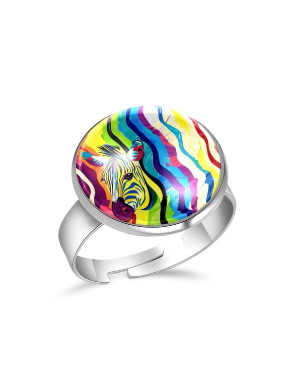 Animal Zebra Rainbow Print Stainless Steel Rings for Women, Open Adjustable Ring Promise Ring Jewelry Gifts