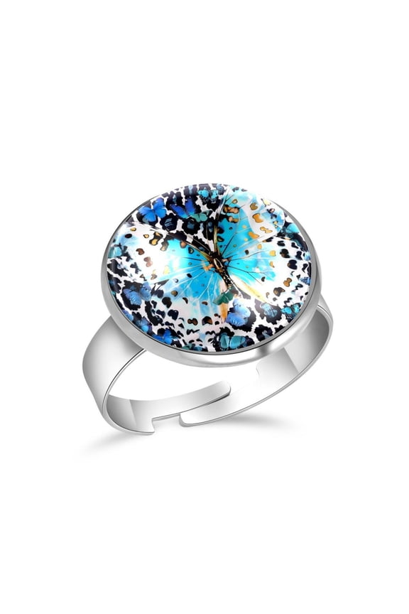 Art Blue Butterfly Leopard Print Stainless Steel Rings for Women, Open Adjustable Ring Promise Ring Jewelry Gifts