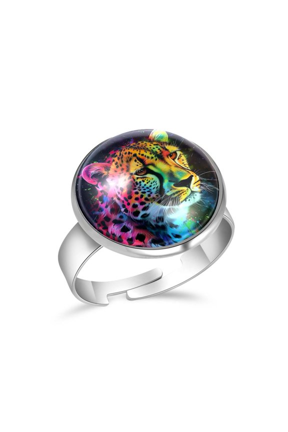 Art Leopard Rainbow Print Stainless Steel Rings for Women, Open Adjustable Ring Promise Ring Jewelry Gifts