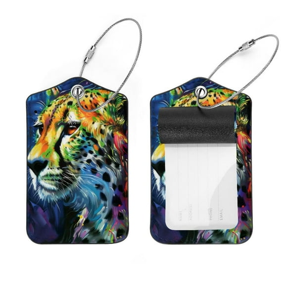 PhooArto Art Rainbow Leopard Print Luggage Tags with Stainless Steel Loop, 2 Pack Luggage Tag Holders for Travel Luggage Baggage Identifier