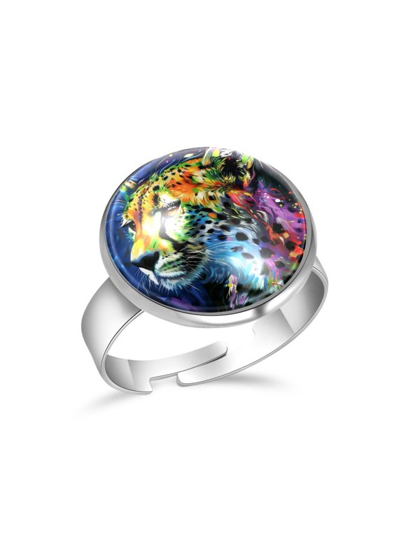 Art Rainbow Leopard Print Stainless Steel Rings for Women, Open Adjustable Ring Promise Ring Jewelry Gifts