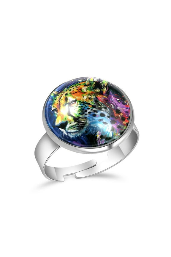 Art Rainbow Leopard Print Stainless Steel Rings for Women, Open Adjustable Ring Promise Ring Jewelry Gifts