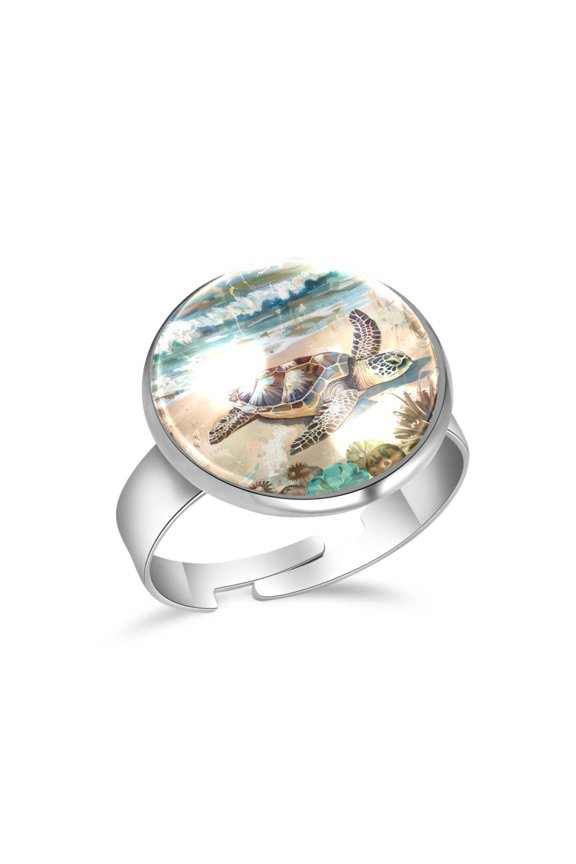 Art Turtle Beach Stainless Steel Rings for Women, Open Adjustable Ring Promise Ring Jewelry Gifts