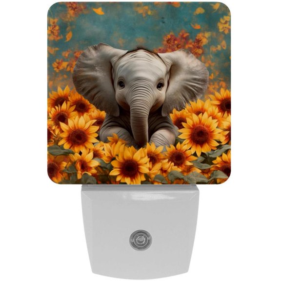 PhooArto Baby Elephant Among Sunflowers Plug in LED Night Light Auto Sensor Dusk to Dawn Decorative Night for Bedroom, Bathroom, Kitchen, Hallway, Stairs, Baby's Room, Energy Saving