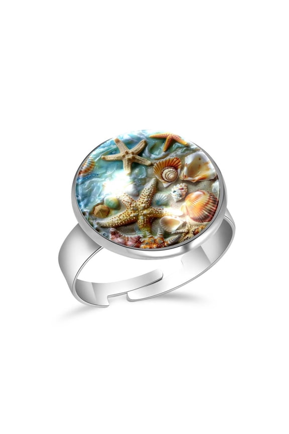 Beach Starfish Seashells Stainless Steel Rings for Women, Open Adjustable Ring Promise Ring Jewelry Gifts