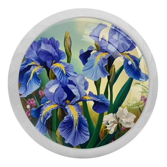 PhooArto Beautiful Purple Iris Painting 4 PCS Crystal Glass Cabinet Knobs, Drawer Kitchen Cabinets Dresser Cupboard Wardrobe Pulls Handle - Glowing in the Dark