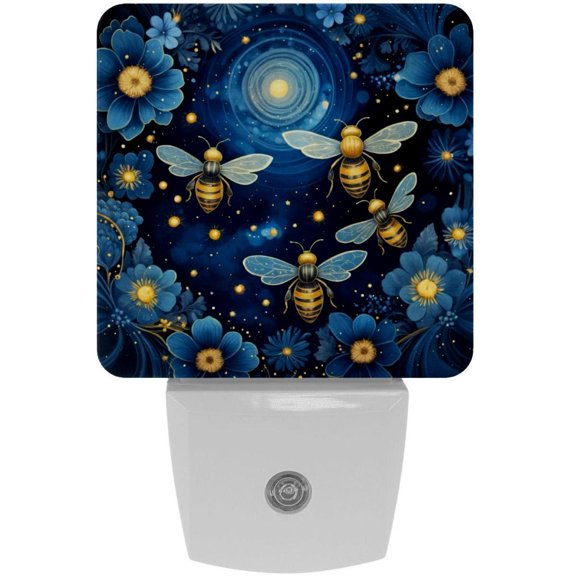 PhooArto Bee Blue Galaxy Pattern Plug in LED Night Light Auto Sensor Dusk to Dawn Decorative Night for Bedroom, Bathroom, Kitchen, Hallway, Stairs, Baby's Room, Energy Saving