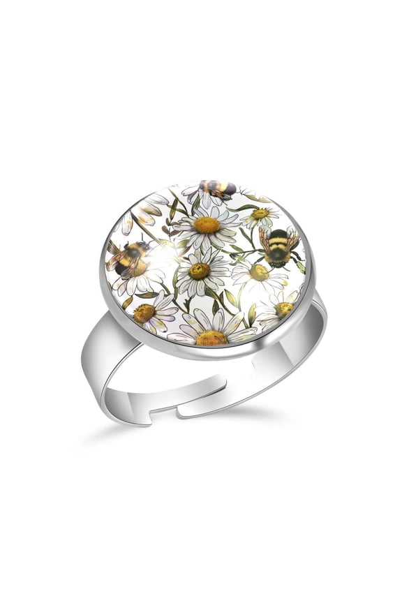 Bee Daisy Flowers Pattern Stainless Steel Rings for Women, Open Adjustable Ring Promise Ring Jewelry Gifts