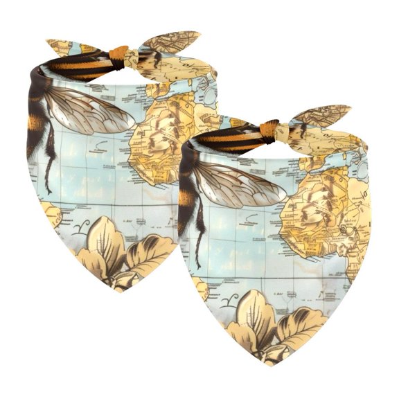PhooArto Bee Retro Map Pattern Dog Bandanas, 2 Pack Soft Washable Pet Scarf Triangle for Large Dogs Puppies and Cats