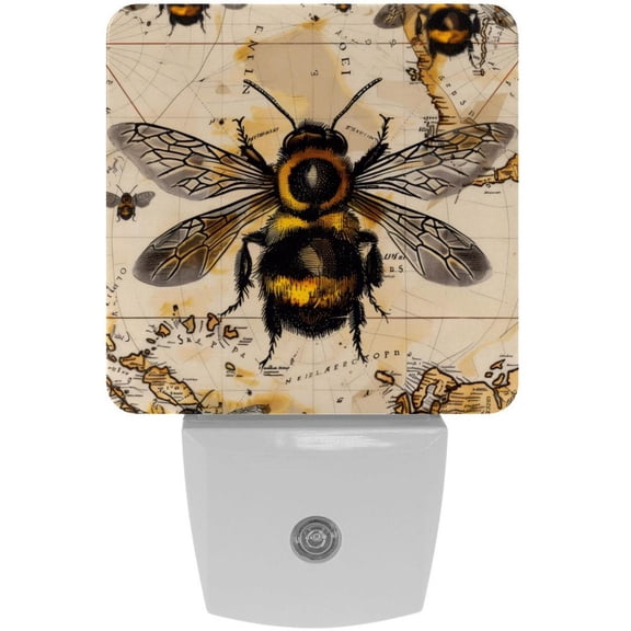 PhooArto Bee and Retro Map Pattern Plug in LED Night Light Auto Sensor Dusk to Dawn Decorative Night for Bedroom, Bathroom, Kitchen, Hallway, Stairs, Baby's Room, Energy Saving