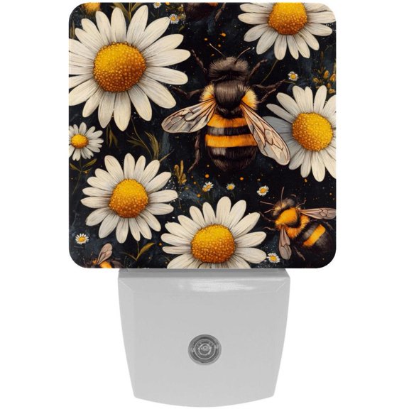 PhooArto Bees Daisy Flowers Pattern Plug in LED Night Light Auto Sensor Dusk to Dawn Decorative Night for Bedroom, Bathroom, Kitchen, Hallway, Stairs, Baby's Room, Energy Saving