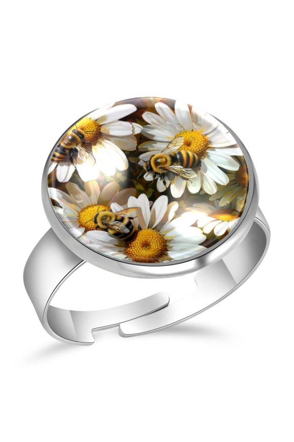 Bees and Daisy Flowers Stainless Steel Rings for Women, Open Adjustable Ring Promise Ring Jewelry Gifts