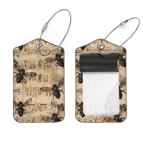 PhooArto Bees and Vintage Music Pattern Luggage Tags with Stainless Steel Loop, 2 Pack Luggage Tag Holders for Travel Luggage Baggage Identifier