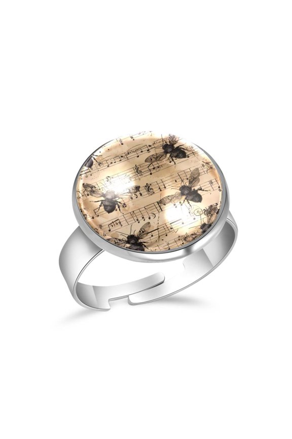 Bees and Vintage Music Pattern Stainless Steel Rings for Women, Open Adjustable Ring Promise Ring Jewelry Gifts