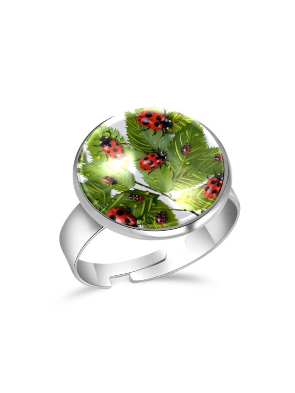 Beetle Ladybug Leaves Pattern Stainless Steel Rings for Women, Open Adjustable Ring Promise Ring Jewelry Gifts
