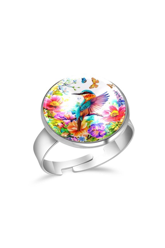 Bird Butterfly Foral Print Stainless Steel Rings for Women, Open Adjustable Ring Promise Ring Jewelry Gifts