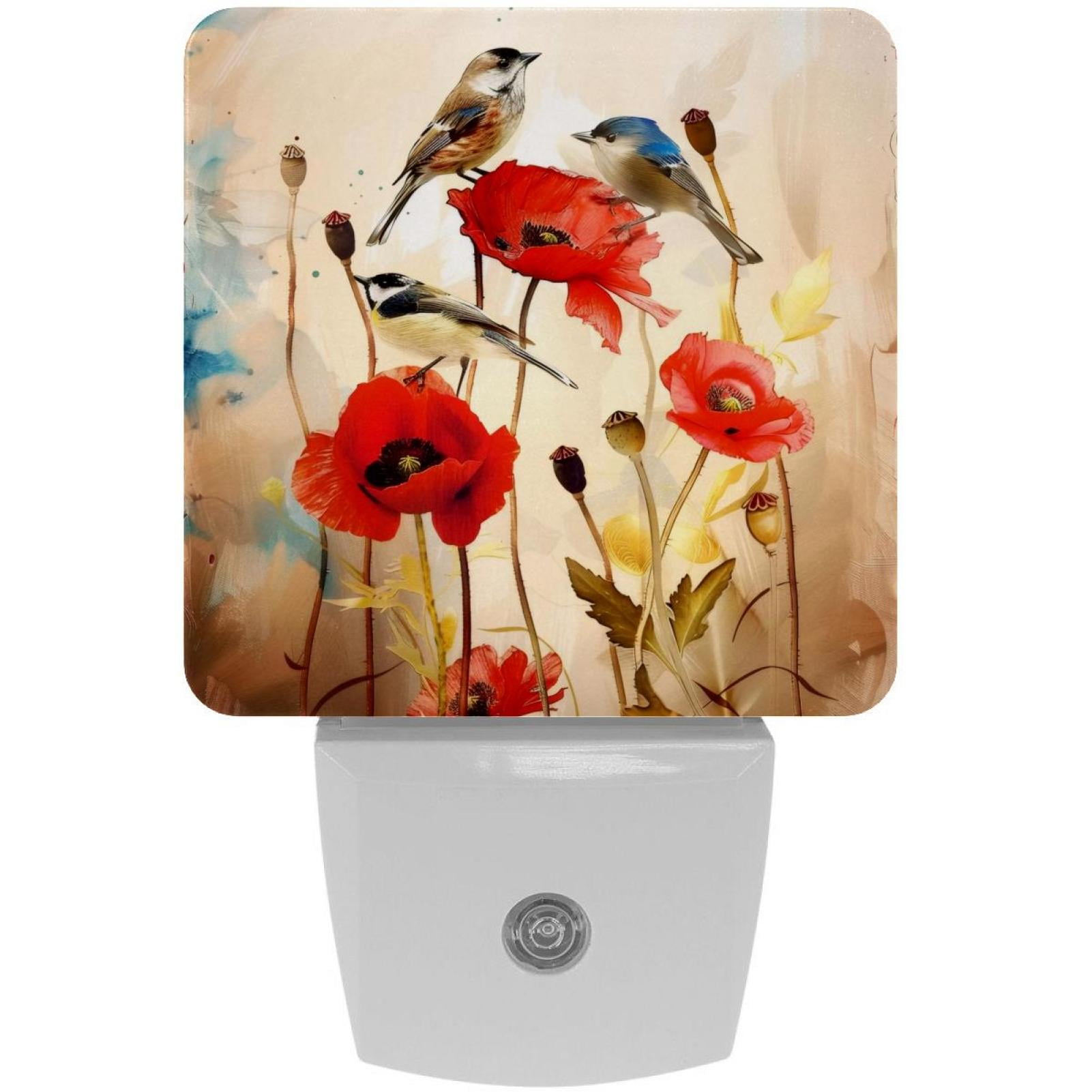 PhooArto Birds Poppy Floral Plug in LED Night Light Auto Sensor Dusk to Dawn Decorative Night for Bedroom, Bathroom, Kitchen, Hallway, Stairs, Baby's Room, Energy Saving