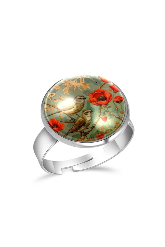 Birds Red Poppy Flowers Stainless Steel Rings for Women, Open Adjustable Ring Promise Ring Jewelry Gifts