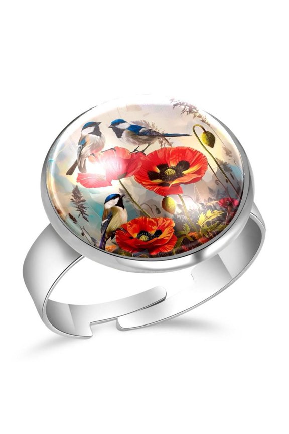 Birds and Poppy Floral Stainless Steel Rings for Women, Open Adjustable Ring Promise Ring Jewelry Gifts