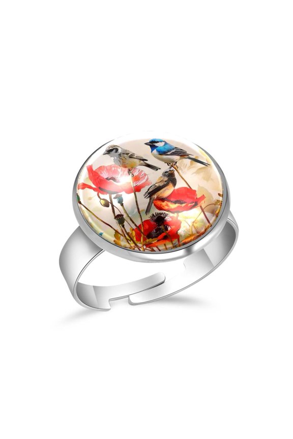 Birds and Poppy Flowers Stainless Steel Rings for Women, Open Adjustable Ring Promise Ring Jewelry Gifts