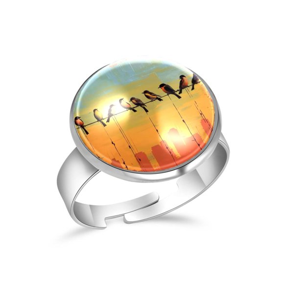 PhooArto Birds on a Wire Sundown Stainless Steel Rings for Women, Open Adjustable Ring Promise Ring Jewelry Gifts