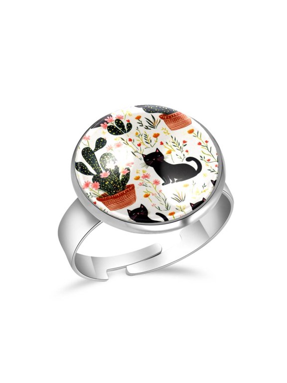 Black Cat Cactus Stainless Steel Rings for Women, Open Adjustable Ring Promise Ring Jewelry Gifts