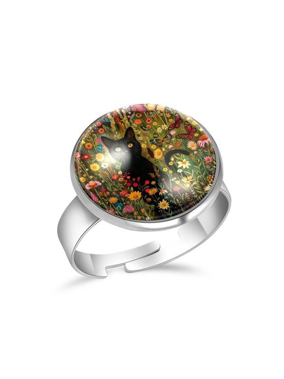 Black Cat Flowers Butterflies Stainless Steel Rings for Women, Open Adjustable Ring Promise Ring Jewelry Gifts