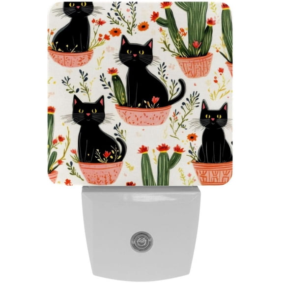 PhooArto Black Cats Cactus Plug in LED Night Light Auto Sensor Dusk to Dawn Decorative Night for Bedroom, Bathroom, Kitchen, Hallway, Stairs, Baby's Room, Energy Saving