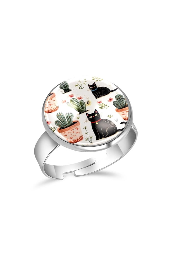 Black Cats and Cactus Stainless Steel Rings for Women, Open Adjustable Ring Promise Ring Jewelry Gifts