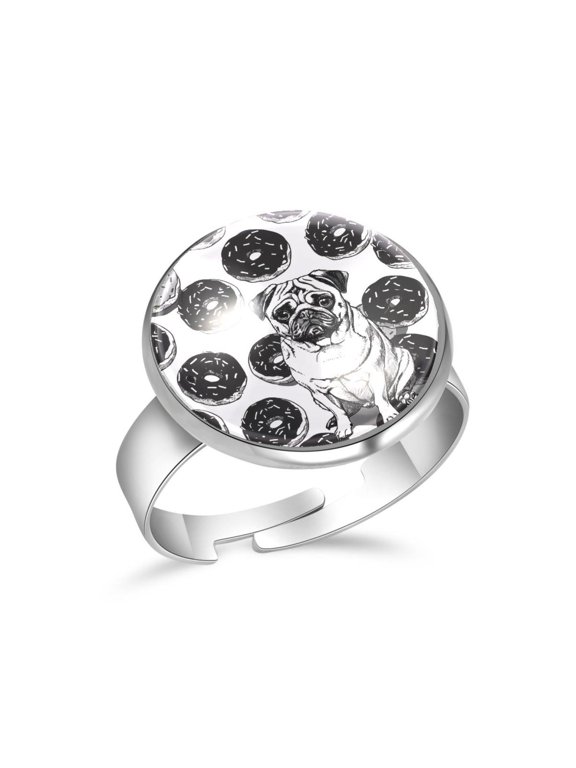 Black Donuts Pug Dog Stainless Steel Rings for Women, Open Adjustable Ring Promise Ring Jewelry Gifts