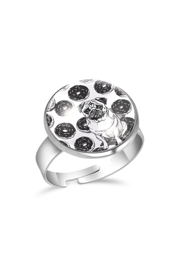 Black Donuts Pug Dog Stainless Steel Rings for Women, Open Adjustable Ring Promise Ring Jewelry Gifts