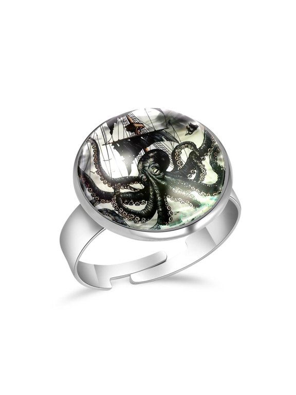 Black Octopus and Nautical Ship Stainless Steel Rings for Women, Open Adjustable Ring Promise Ring Jewelry Gifts
