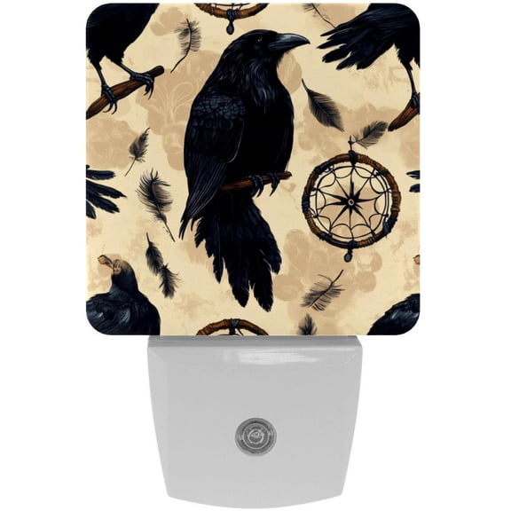 PhooArto Black Raven Dreamcatcher Pattern Plug in LED Night Light Auto Sensor Dusk to Dawn Decorative Night for Bedroom, Bathroom, Kitchen, Hallway, Stairs, Baby's Room, Energy Saving