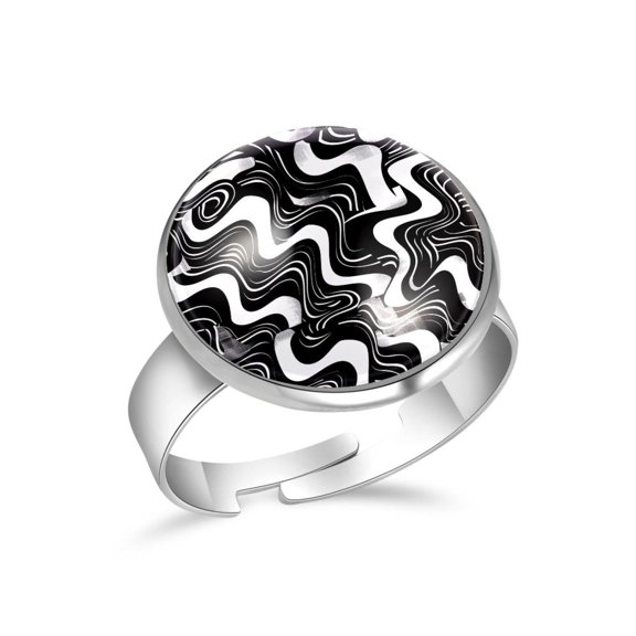 PhooArto Black White Abstract Pattern Stainless Steel Rings for Women, Open Adjustable Ring Promise Ring Jewelry Gifts