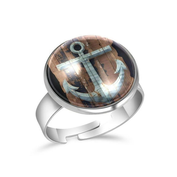 PhooArto Blue Anchor Brown Wooden Stainless Steel Rings for Women, Open Adjustable Ring Promise Ring Jewelry Gifts