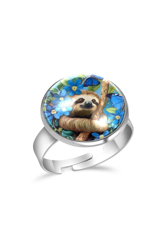 Blue Butterflies Sloth Stainless Steel Rings for Women, Open Adjustable Ring Promise Ring Jewelry Gifts