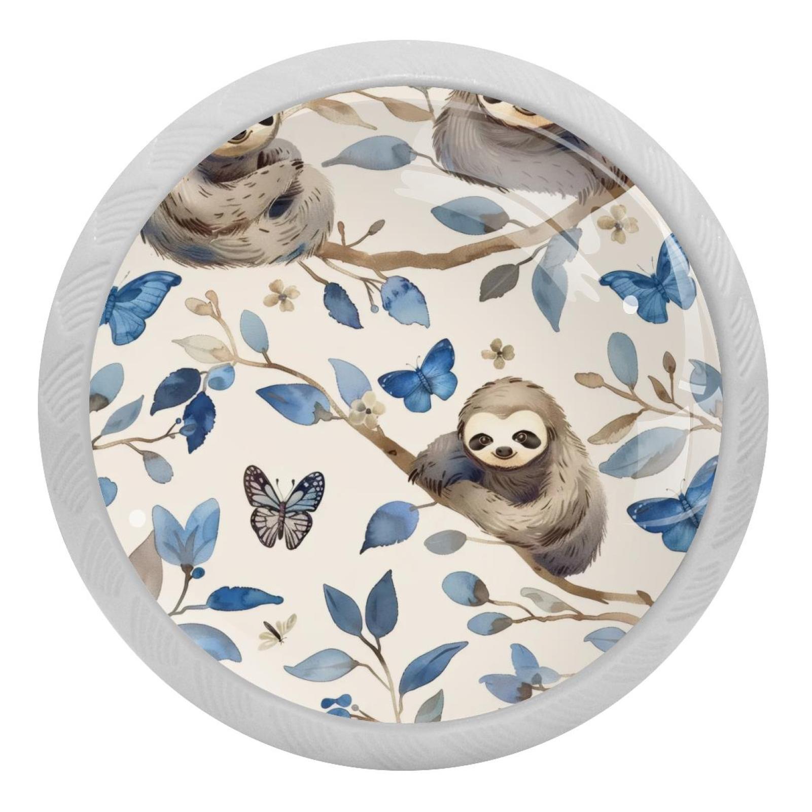 Sloth Handle PhooArto Blue Butterflies Sloths Pattern 4 PCS Crystal Glass Cabinet ...